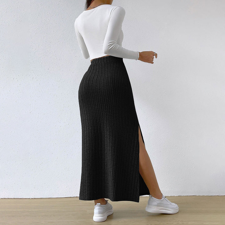Damen gerippter Maxi-Rock mit hohem Bund, taillierter Stretchpassform und schmeichelnder Längsrippe Drune