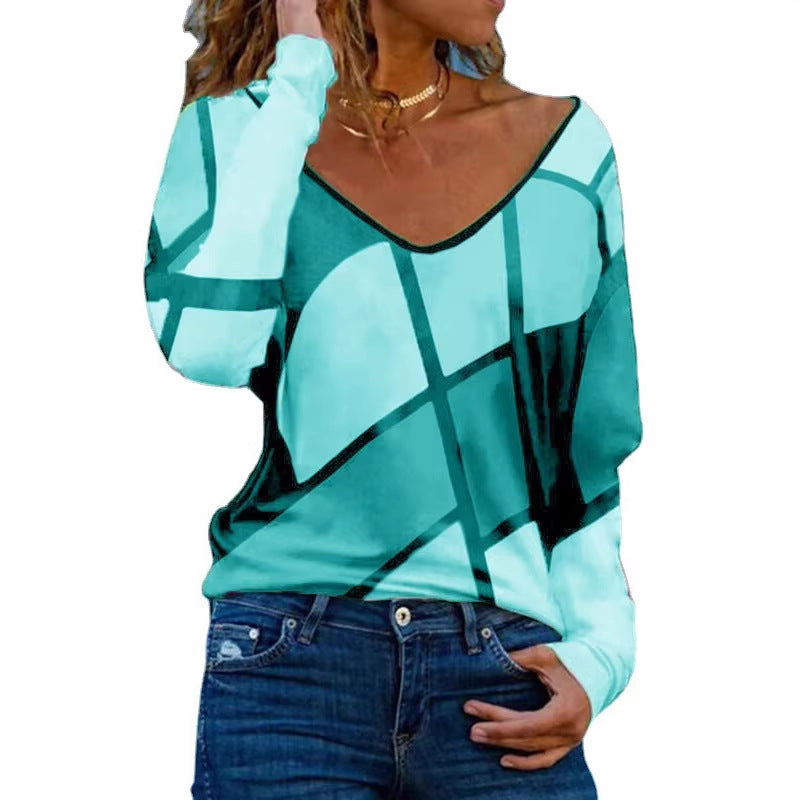 Damen Loose V-Ausschnitt Langarmshirt mit geometrischem Blockdruck und Oversized Passform Drune