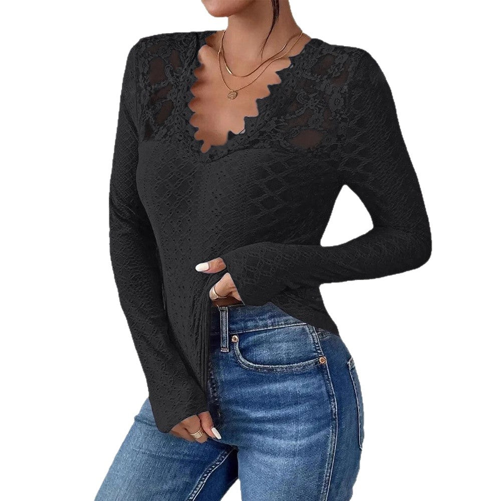 Damen nan figurbetontes Spitzen-Langarmshirt mit gezacktem V-Ausschnitt Drune