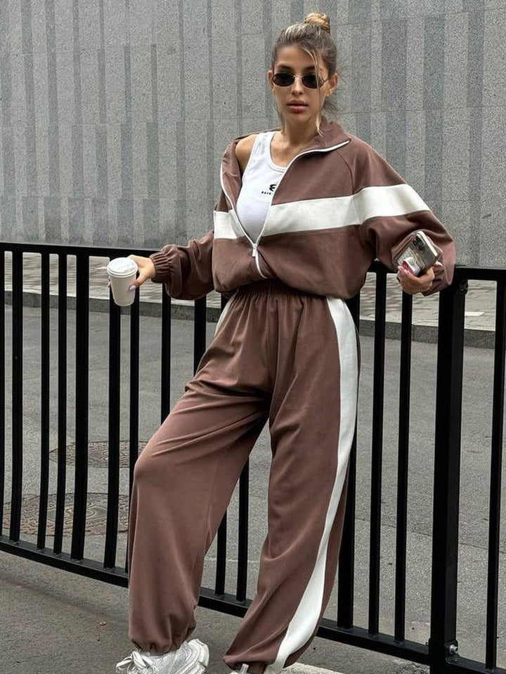 Damen sportliches Fleece-Set mit Reißverschluss und kontrastierenden Seiteneinsätzen Drune
