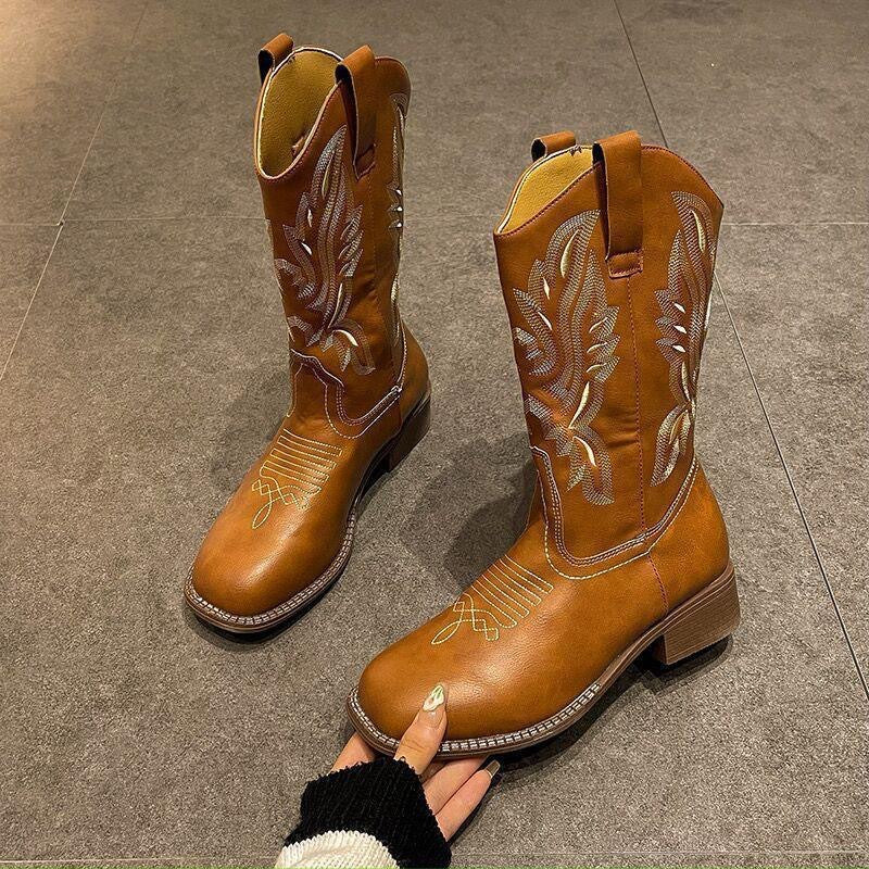 Damen Westernstiefel mit filigraner Stickerei und bequemem Blockabsatz Drune