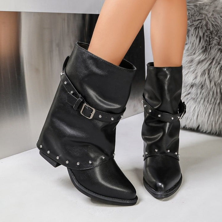 Damen Modische Boots mit Nieten und Gürteldetails Drune