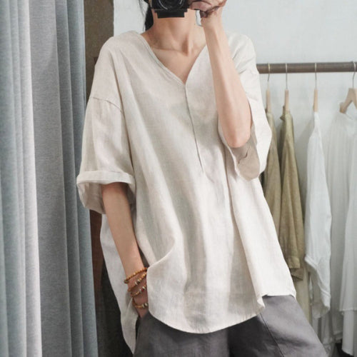 Damen Oversized Leinen-T-Shirt mit V-Ausschnitt und lässigem Schnitt Drune
