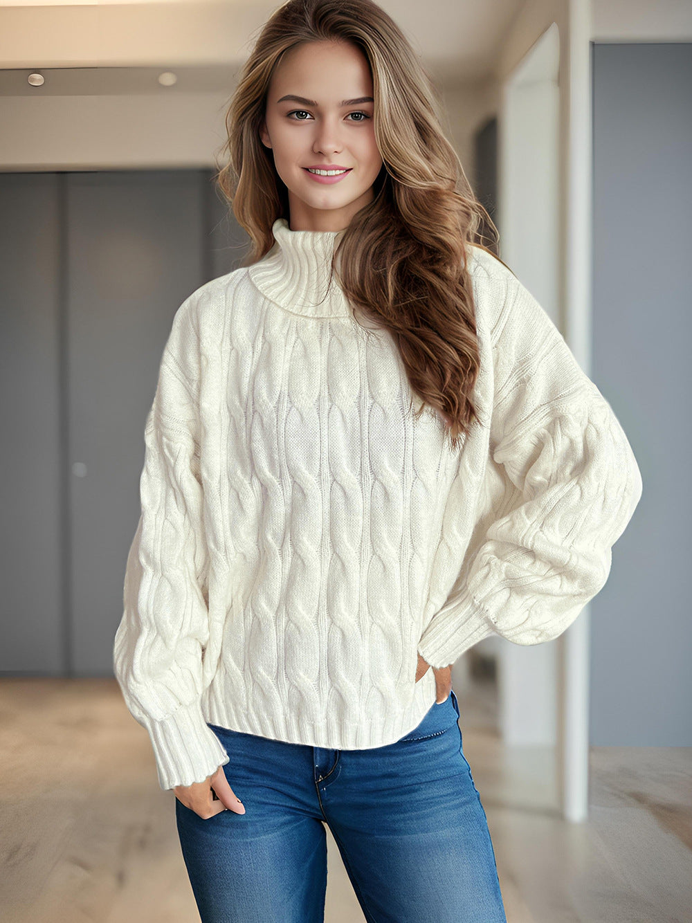 Damen Grobstrickpullover mit hohem Kragen und innovativem Zopfmuster Drune