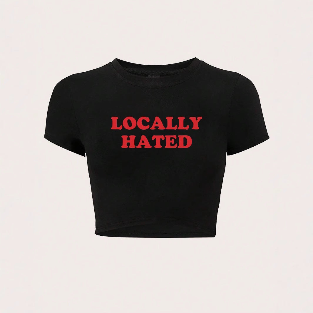 Damen Crop-T-Shirt mit auffälligem Schriftzug und figurbetontem Design Drune
