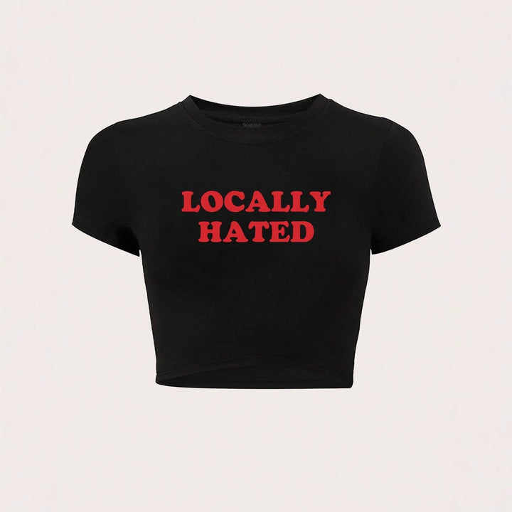 Damen Crop-T-Shirt mit auffälligem Schriftzug und figurbetontem Design Drune