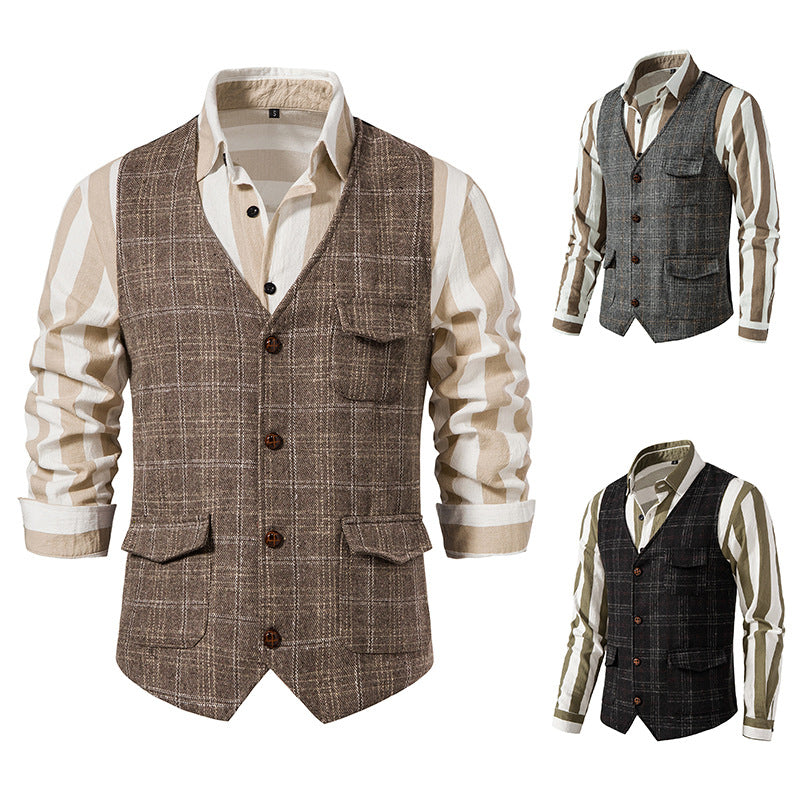 Herren nan kariertes Wollmix Gilet mit Brusttasche und aufgesetzten Seitentaschen Drune