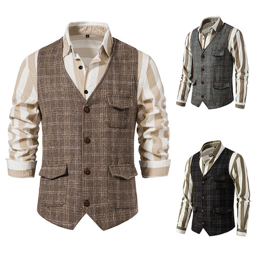 Herren nan kariertes Wollmix Gilet mit Brusttasche und aufgesetzten Seitentaschen Drune