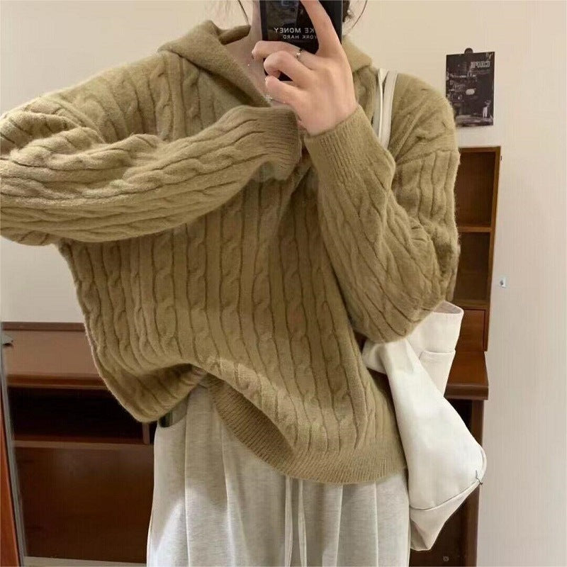 Damen Kuscheliger Strickpullover mit Kapuze und Kabelmuster Drune