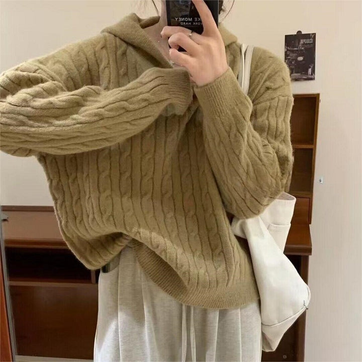 Damen Kuscheliger Strickpullover mit Kapuze und Kabelmuster Drune