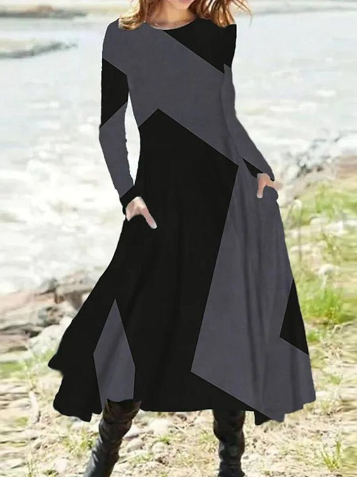 Damen nan geometrisches Maxikleid mit langen Ärmeln, A-Linien-Schnitt und seitlichen Eingrifftaschen Drune