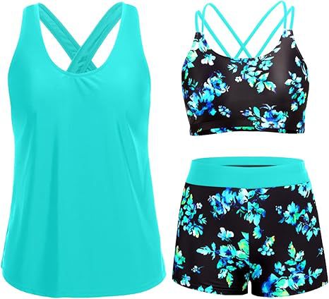 Damen Sportliches Tankini-Set mit floralem Oberteil und Shorts Drune