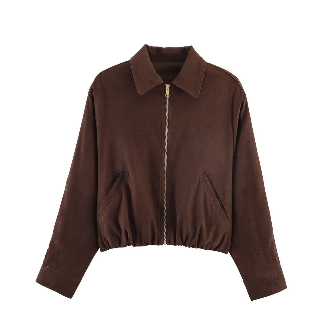 Damen Kurz geschnittener Wildlederoptik-Blouson mit Reißverschluss, elastischem Saum und schrägen Eingrifftaschen Drune
