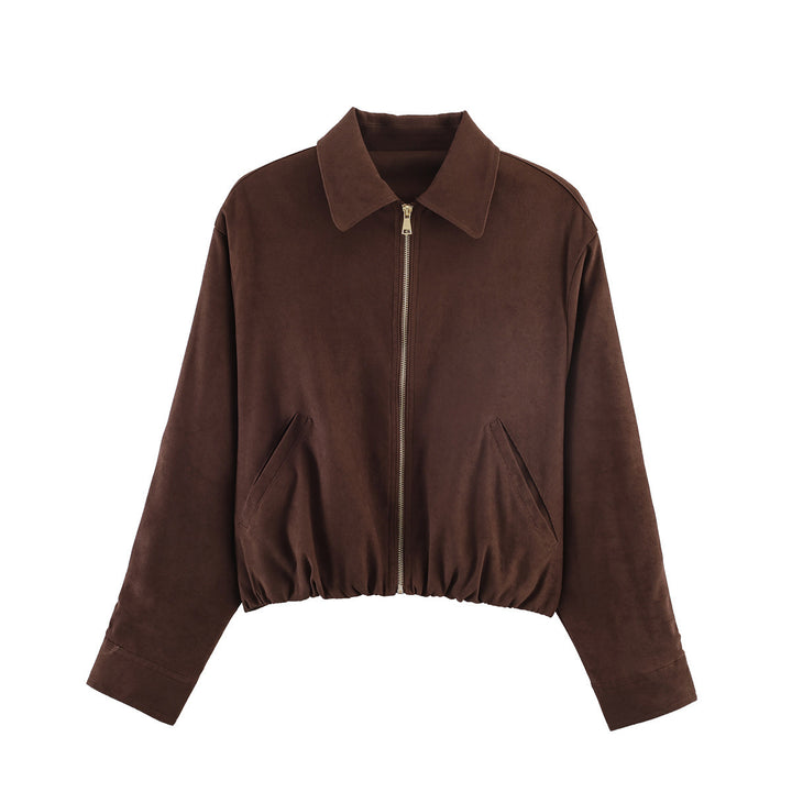 Damen Kurz geschnittener Wildlederoptik-Blouson mit Reißverschluss, elastischem Saum und schrägen Eingrifftaschen Drune