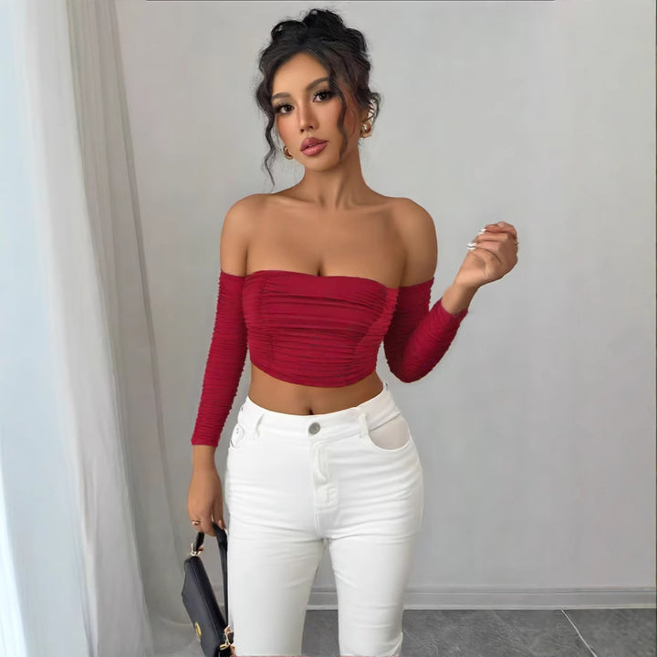 Damen Off-Shoulder Crop Top mit Faltenwurf Drune