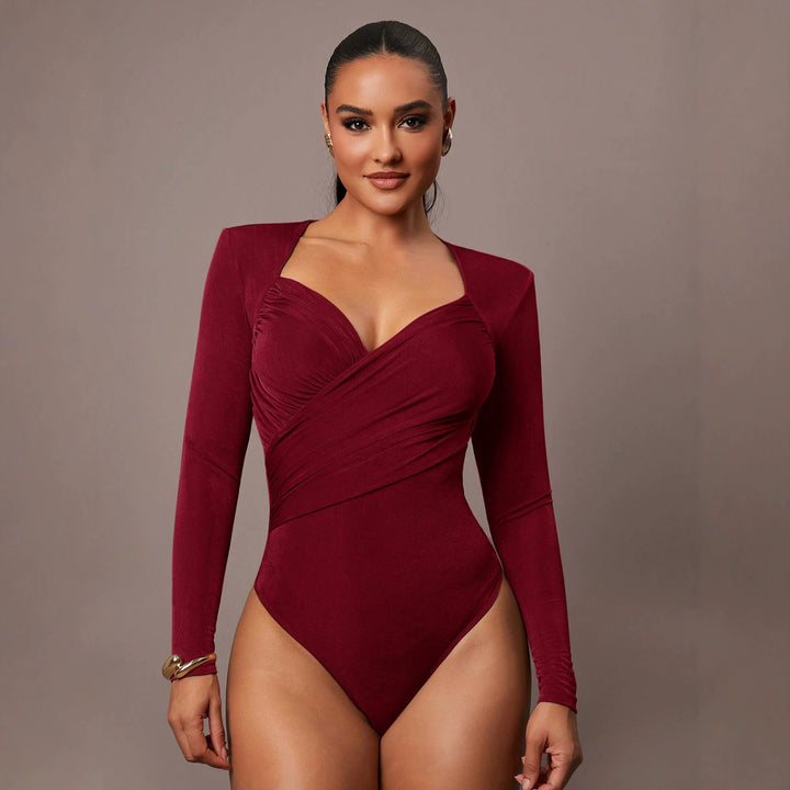 Damen Sculpting-Body mit Wickelfront, Herz-Ausschnitt und langen Ärmeln Drune