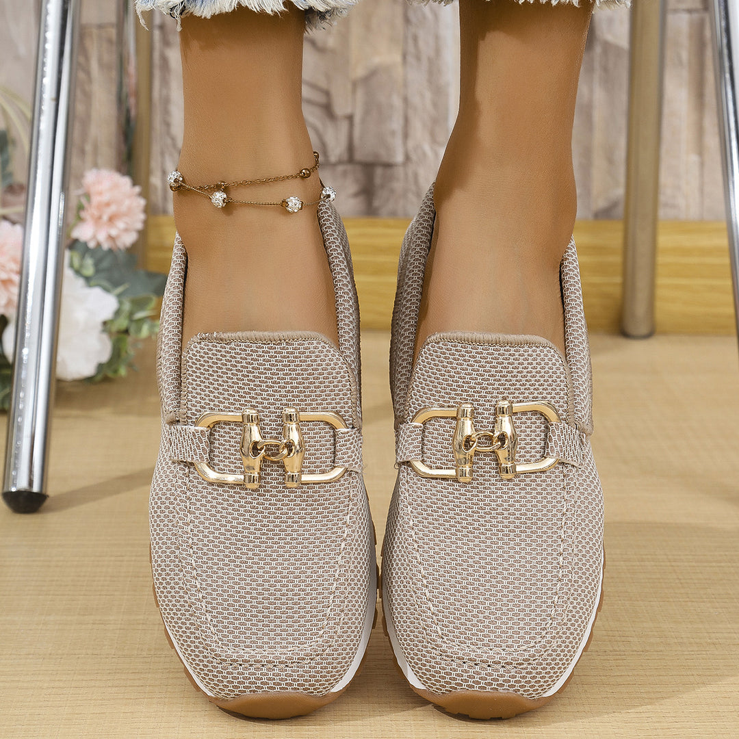 Damen  elegante Slipper Loafer mit gepolsterter Innensohle und dekorativer Metallapplikation Drune