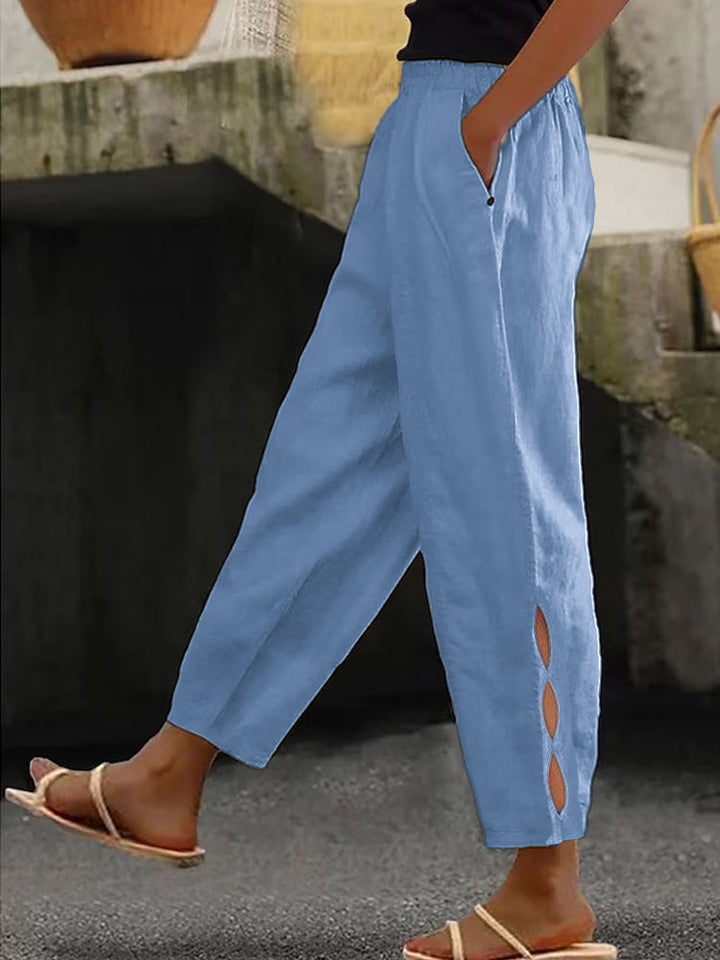 Damen Leichte Leinenhose mit seitlichen Schlitzen und elastischem Bund Drune