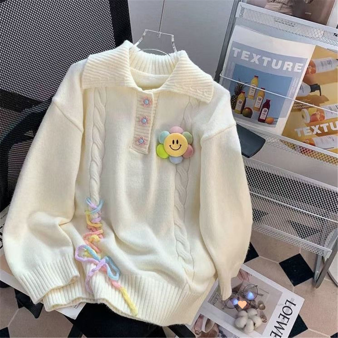 Damen Grobstrickpullover mit farbenfrohen Applikationen und rippstrukturiertem Kragen Drune