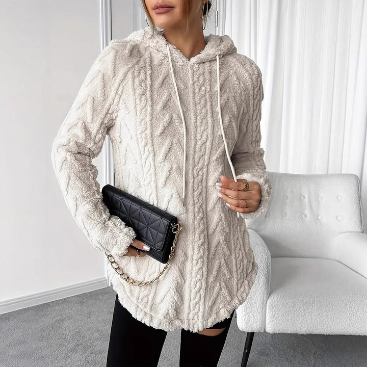 Damen nan kuschelige Kapuzenjacke aus Teddyfleece mit Zopfmuster und gerafftem Saum Drune