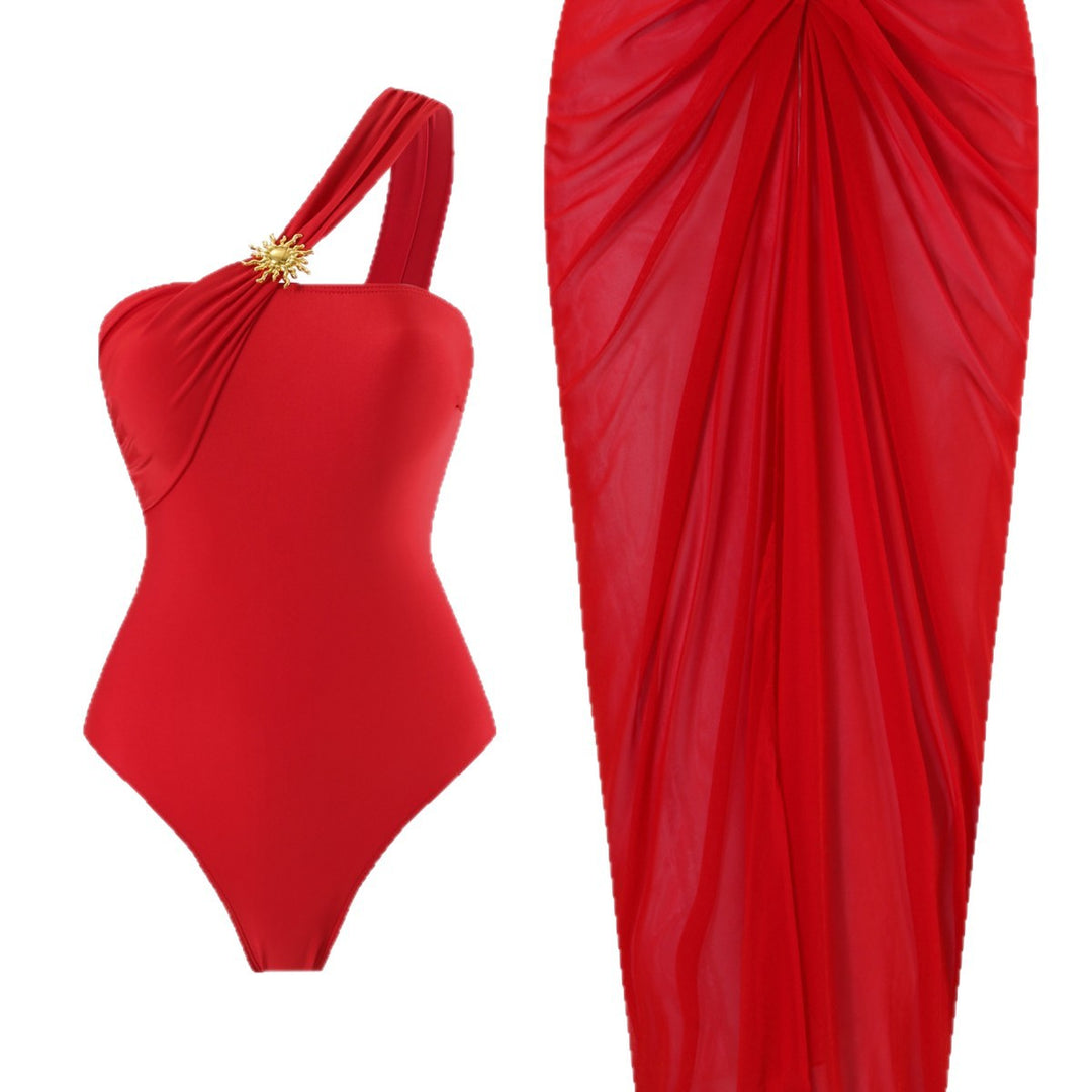 Damen einseitiger Badeanzug mit elegantem Drapierungsdesign und passendem Pareo Drune