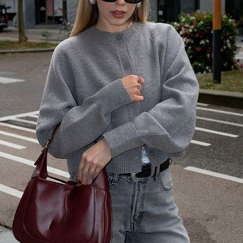 Damen Modischer Kurzarm-Pullover mit Ballonärmeln Drune
