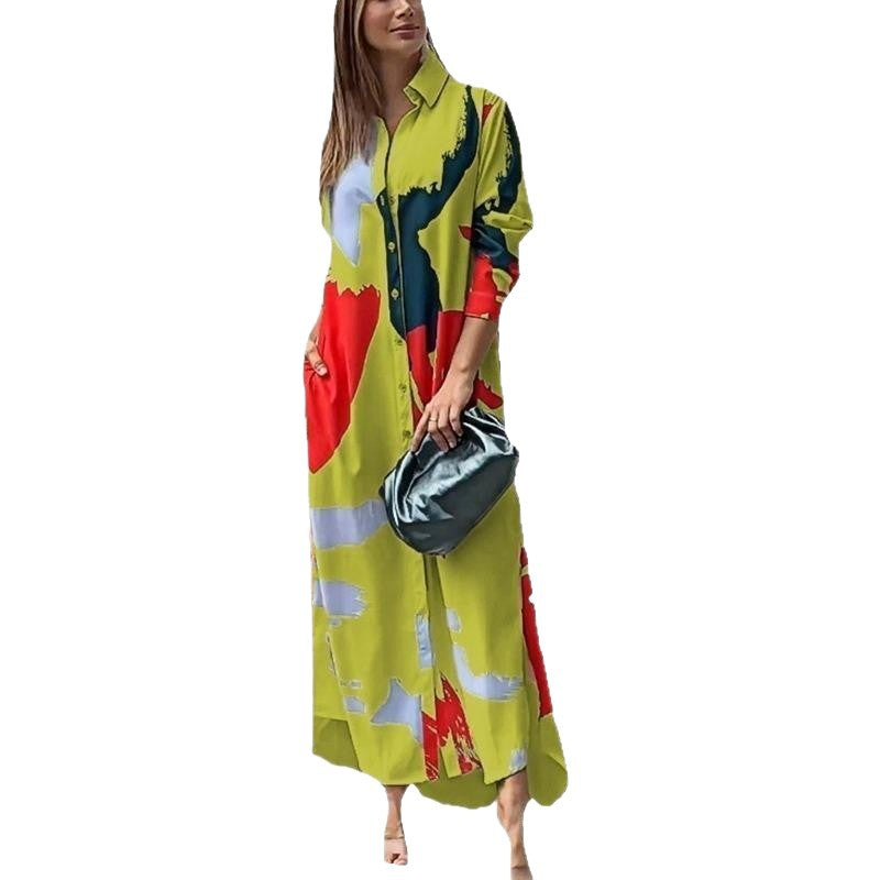Damen Langes Hemdblusenkleid mit abstraktem Pinselprint und seitlichen Eingrifftaschen Drune