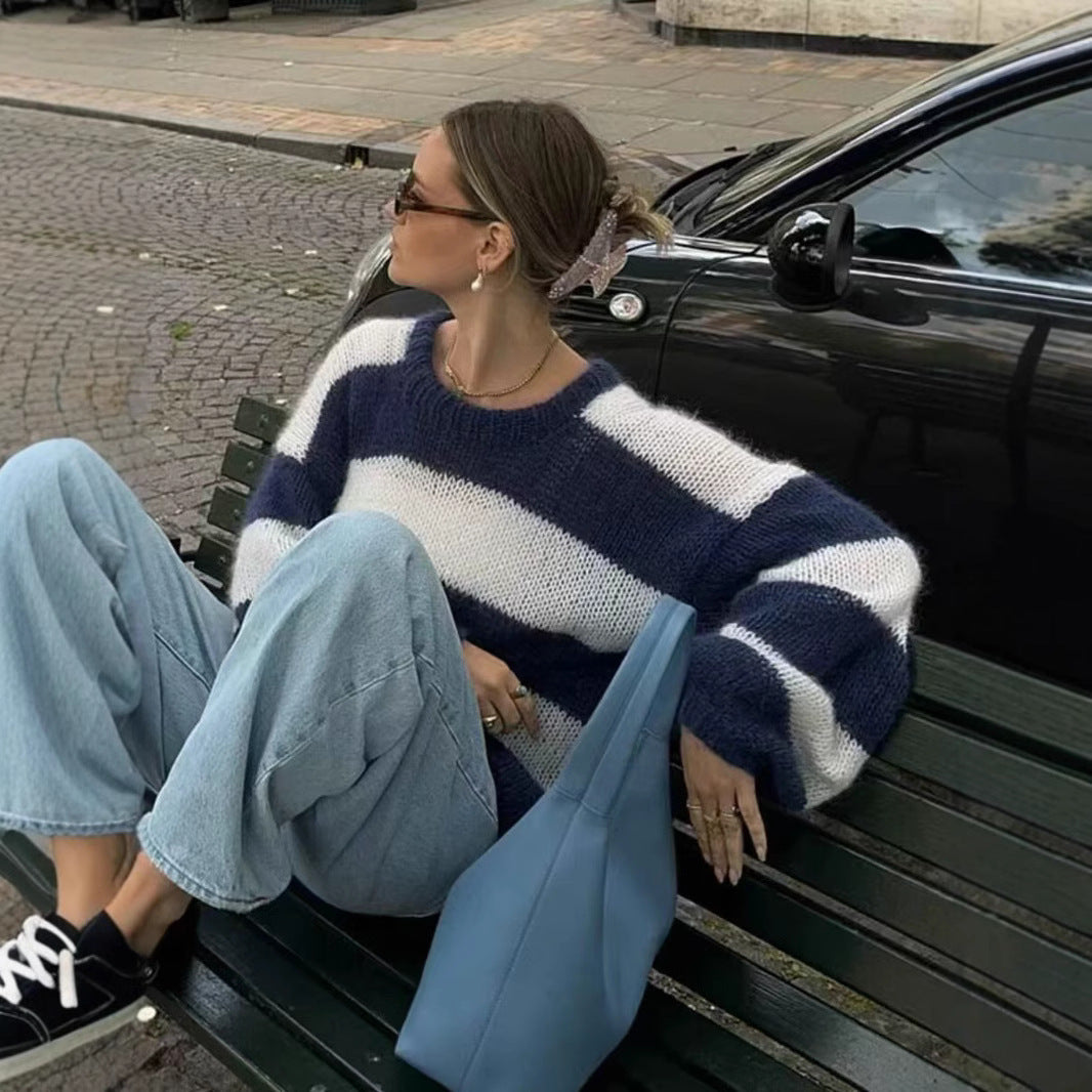 Damen Oversize-Strickpullover mit breiten Blockstreifen und Rundhalsausschnitt Drune