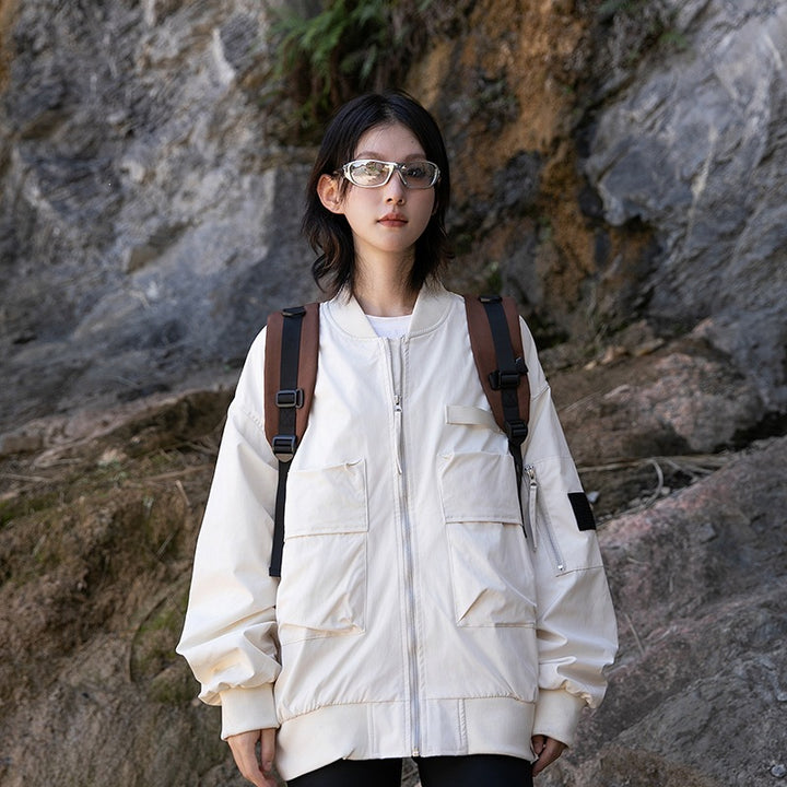 Damen Oversize Multifunktionale Field-Bomberjacke mit Cargo-Taschen & gerippten Bündchen Drune
