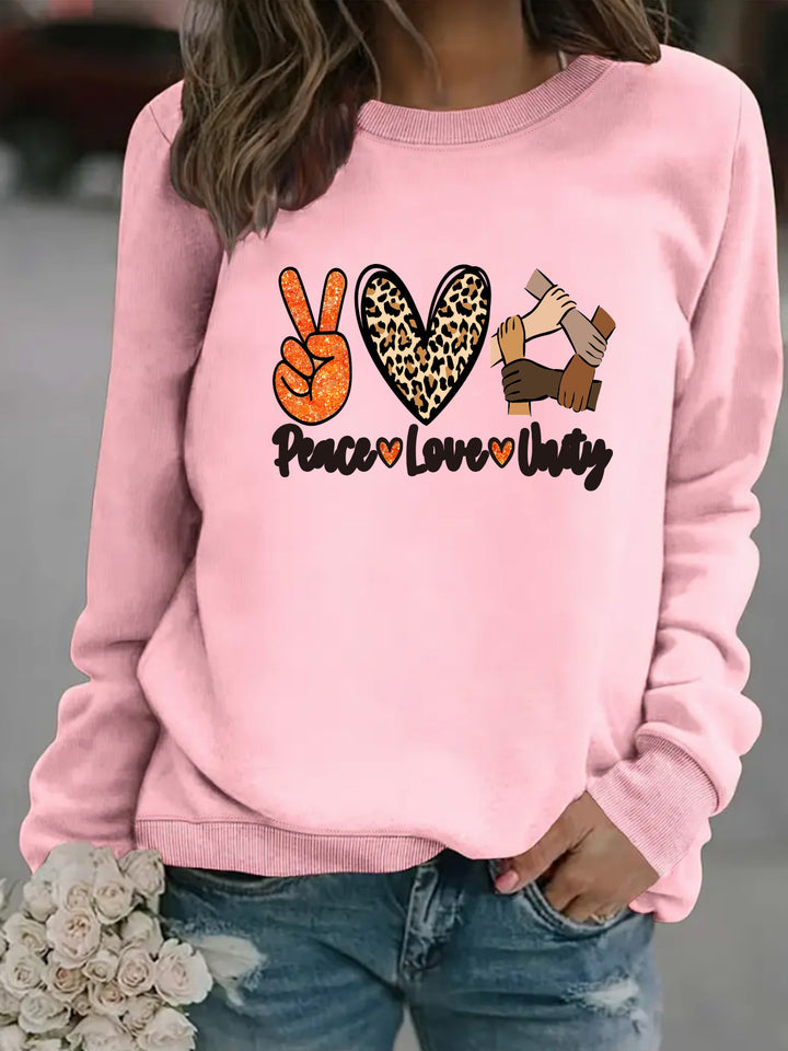 Damen Sweatshirt mit kreativem Peace, Love & Unity Motiv Drune