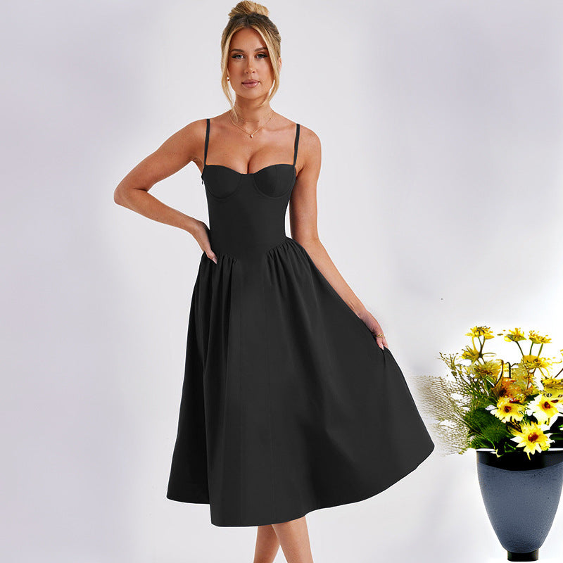 Damen Midikleid mit tailliertem Oberteil und fließendem Rock Drune