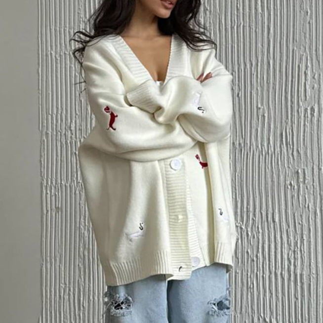 Damen kuscheliger Over-Sized Strickcardigan mit einzigartiger Stickerei Drune