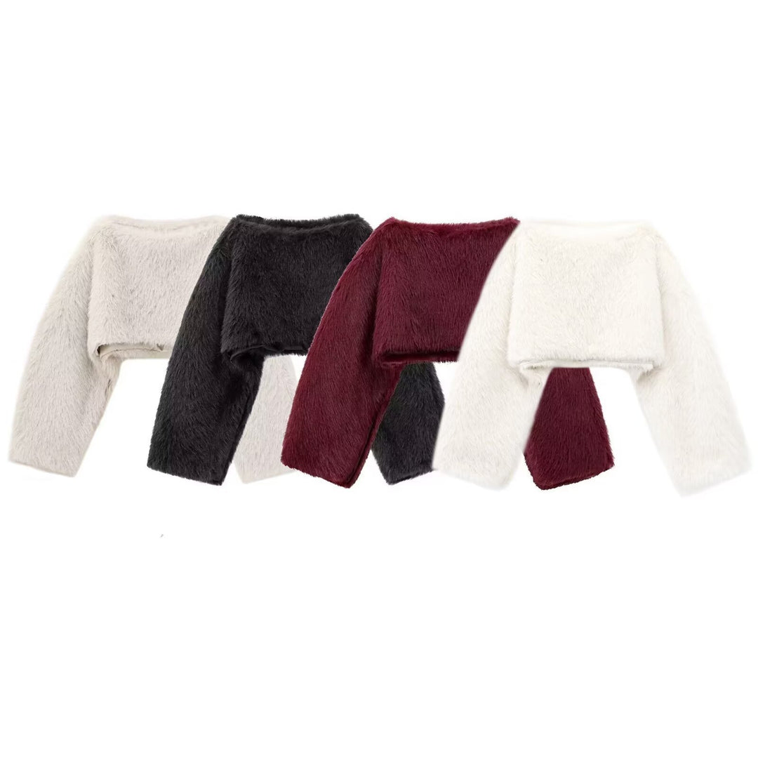 Damen nan kuscheliger Cropped-Fellpullover mit weitem Bootneck und voluminösen Ärmeln Drune