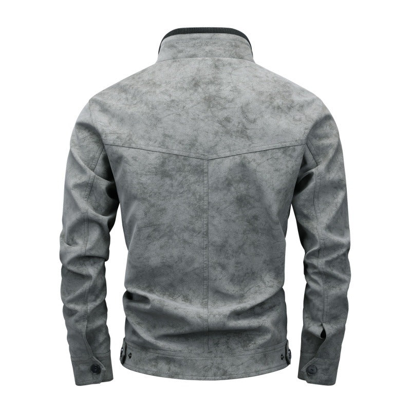 Herren Vintage-Utility Lederimitatjacke mit Stehkragen und mehreren Taschen Drune