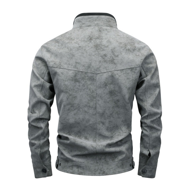 Herren Vintage-Utility Lederimitatjacke mit Stehkragen und mehreren Taschen Drune