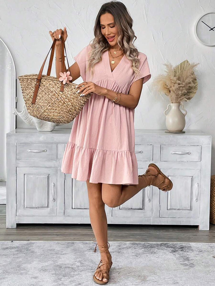Damen kurzes Sommerkleid mit tiefem V-Ausschnitt und Rüschensaum Drune