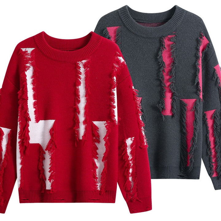 Damen Oversize Strickpullover mit Fransenapplikationen und Destroy-Look Drune
