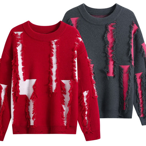 Damen Oversize Strickpullover mit Fransenapplikationen und Destroy-Look Drune