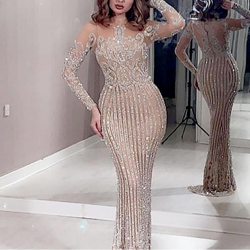 Damen Glamouröses Pailletten-Kleid mit langem Ärmeln und eng anliegendem Schnitt Drune