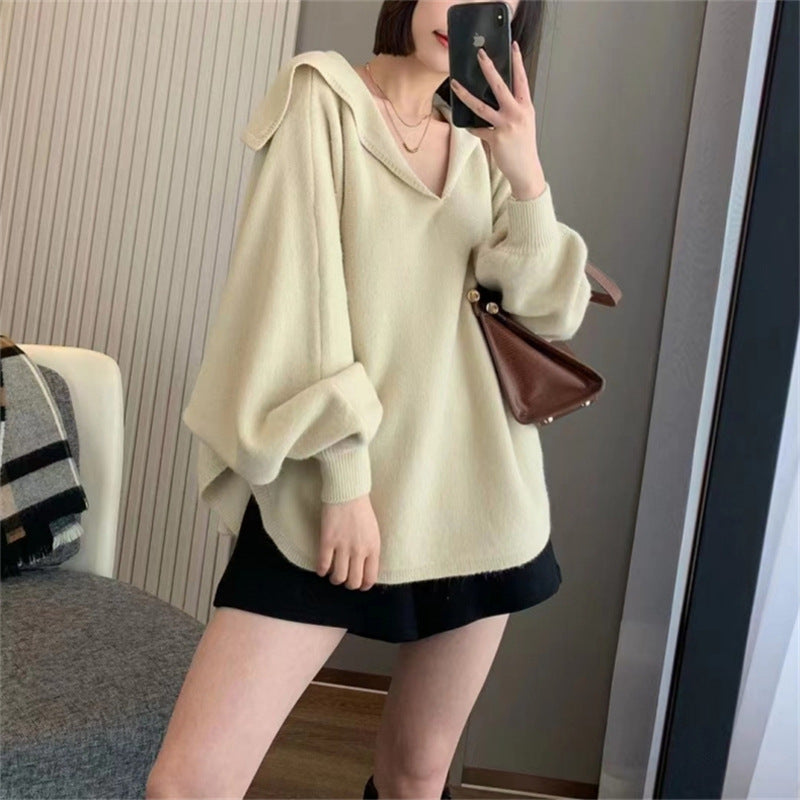 Damen Oversized Strickpullover mit lässigem V-Ausschnitt und Kapuze Drune