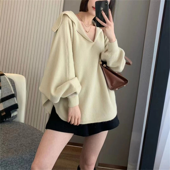 Damen Oversized Strickpullover mit lässigem V-Ausschnitt und Kapuze Drune