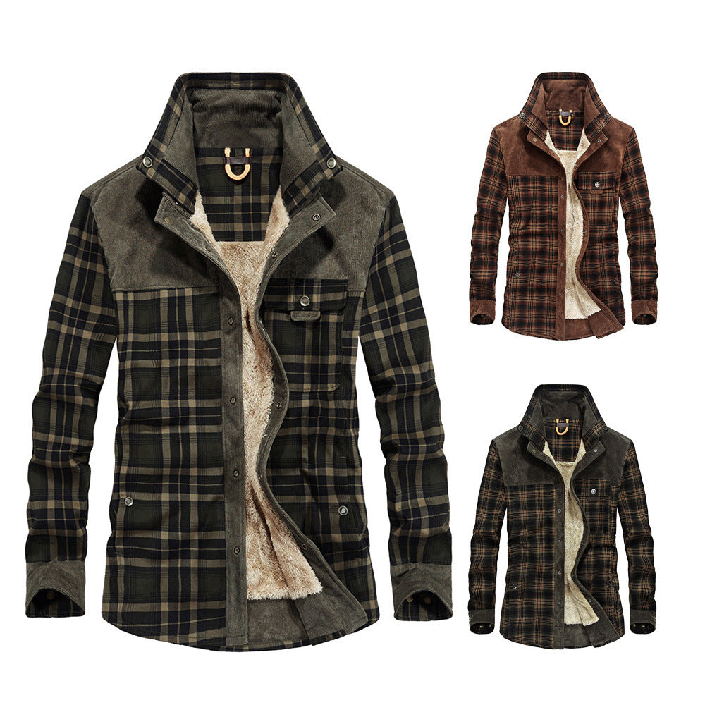 Herren lässige Flanell-Fieldshirt-Jacke mit Teddy-Innenfutter und Cord-Besätzen Drune