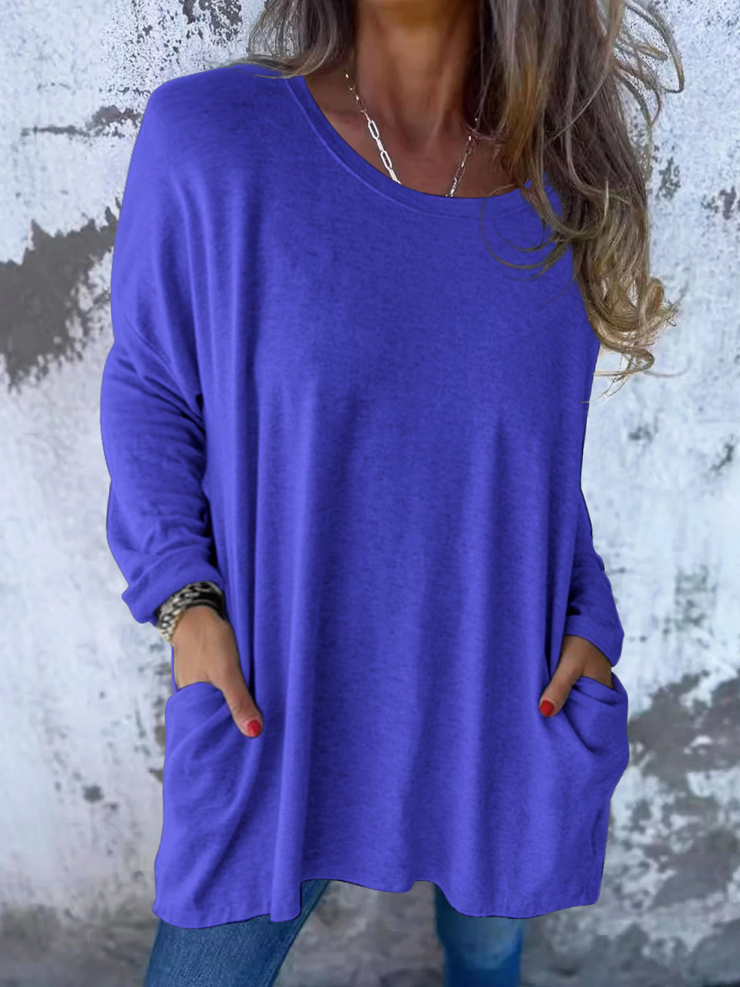 Damen Weiches Oversize Langarmshirt mit Rundhalsausschnitt, Lässigen Ärmeln und Seitentaschen Drune
