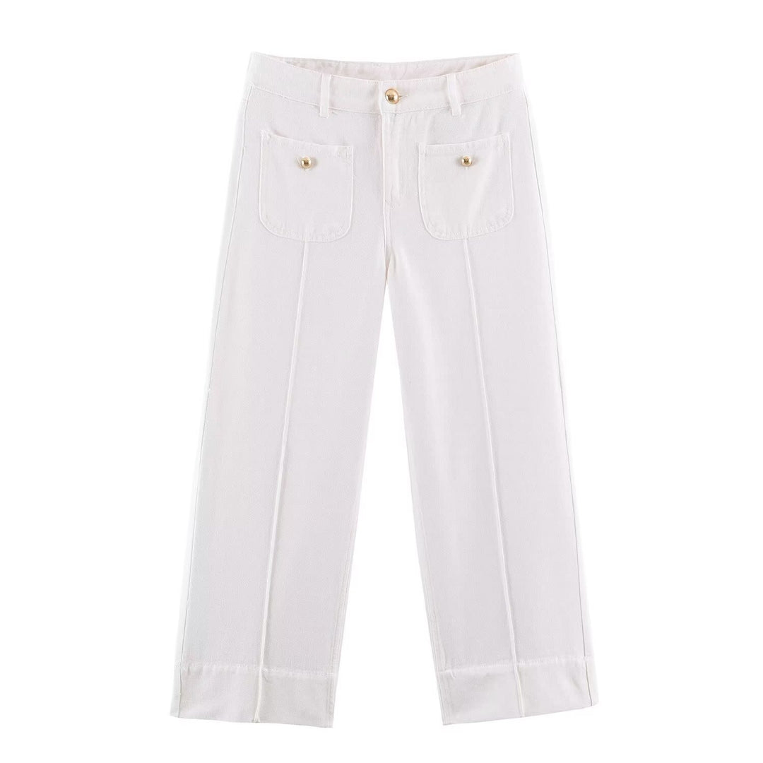 Damen Weite High‑Waist Jeans mit aufgesetzten Fronttaschen und Kantennaht Drune
