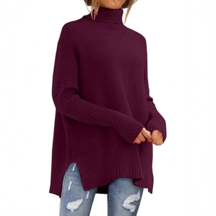 Damen Oversize-Rippenstrick Rollkragenpullover mit Seitenschlitzen und verlängertem Saum Drune
