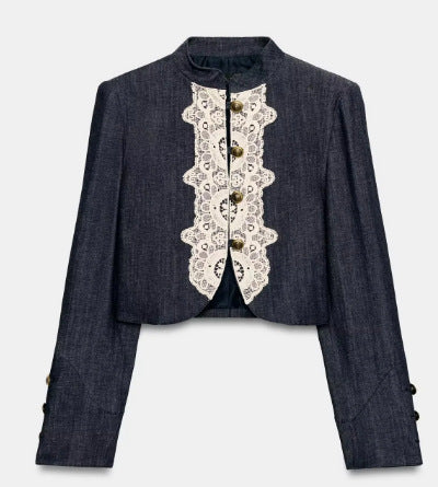 Damen Kurzblazer im Bolero‑Stil mit Spitzenbesatz und Stehkragen Drune