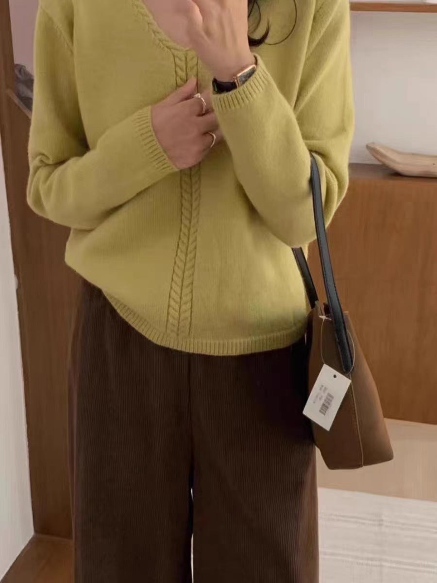 Damen Strickpullover mit V-Ausschnitt und Zopfmuster Drune