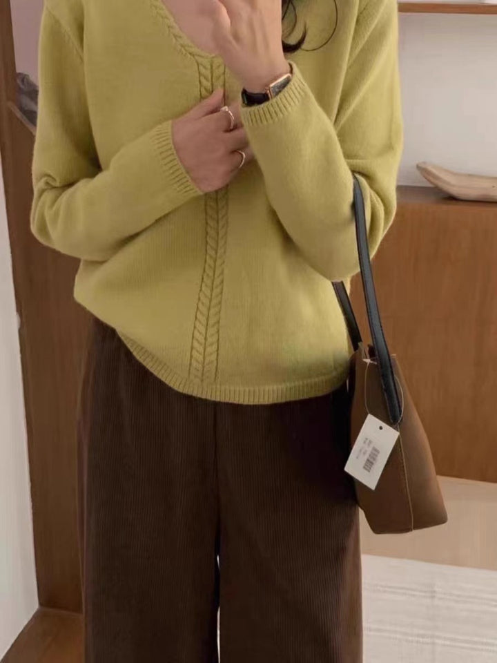 Damen Strickpullover mit V-Ausschnitt und Zopfmuster Drune