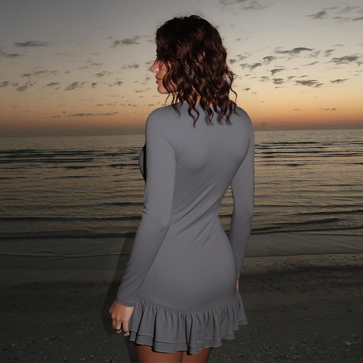 Damen figurbetontes Langarm-Minikleid mit tiefem V-Ausschnitt, Paillettenapplikation und Volant-Saum Drune