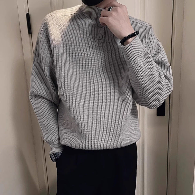 Herren Relaxed Rippstrick‑Pullover mit Halbknopf‑Stehkragen Drune